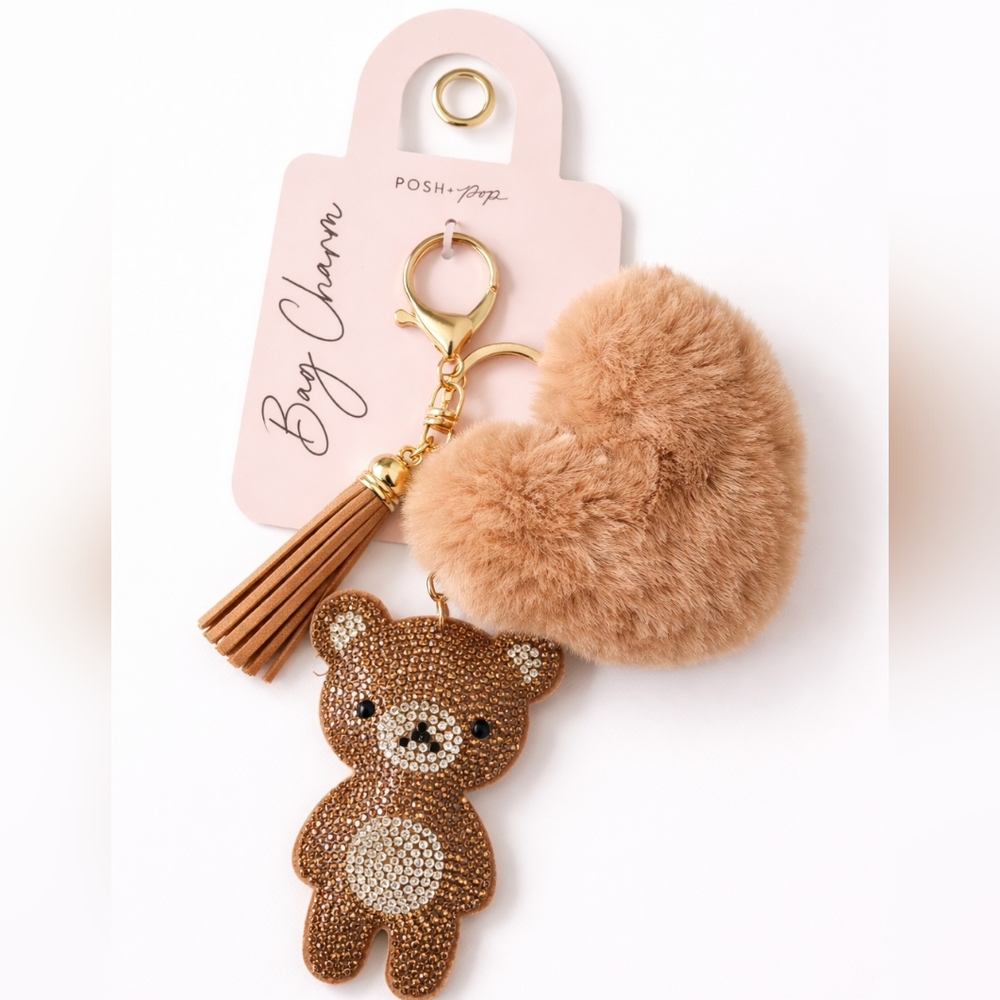 Rhinestone Teddy Bear Keychain ✨ Bling Bear Charm w/ Heart Pom Tassel